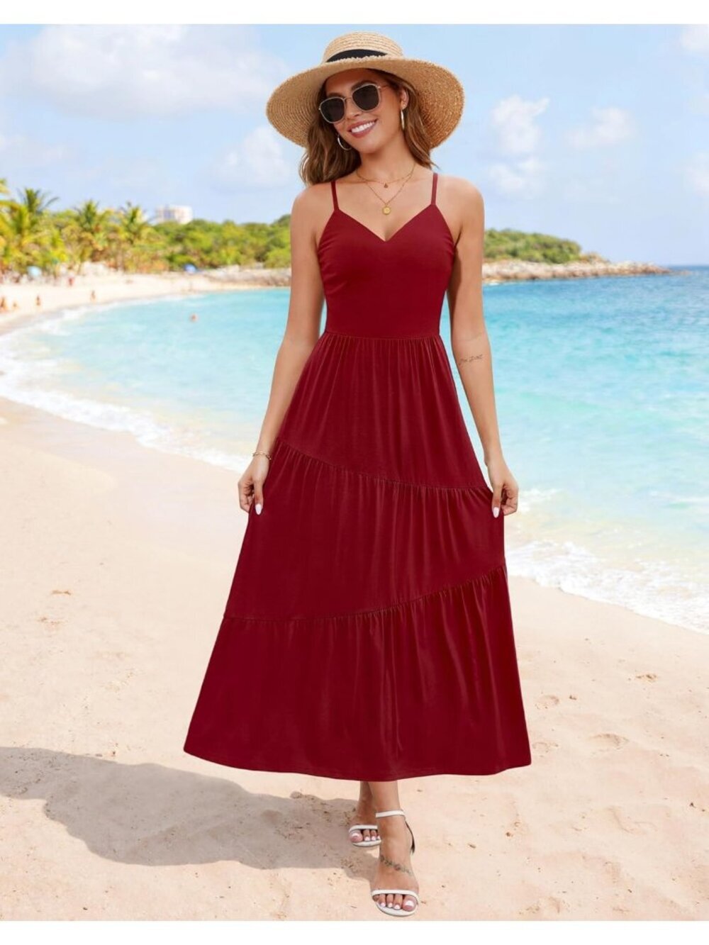 Women's Wine Red Beach Sundress V Neck Spaghetti Long Strap Pockets Maxi Dress - Picture 2 of 6
